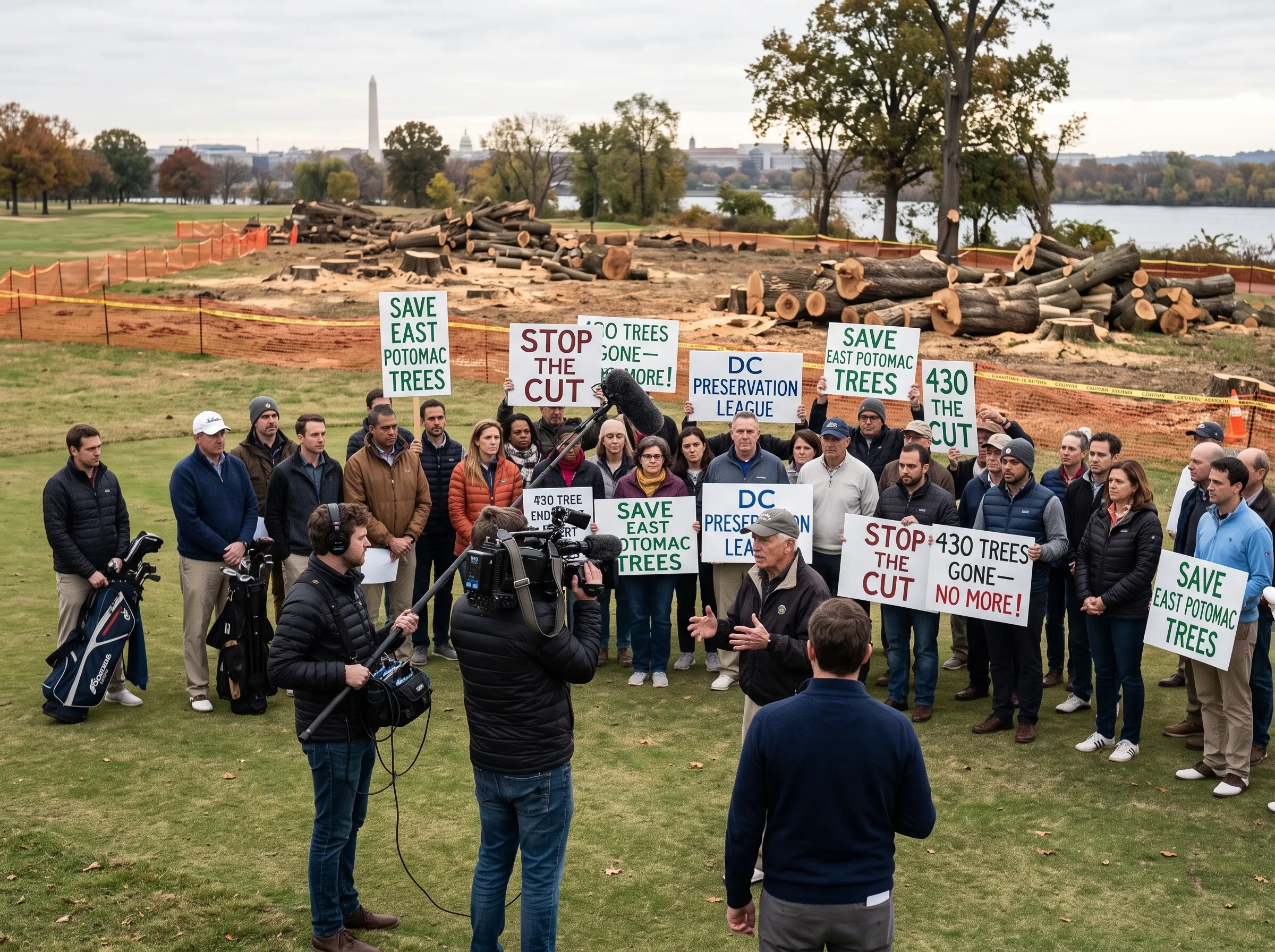 AI-generated campaign illustration of advocates and felled trees; not a documentary photograph